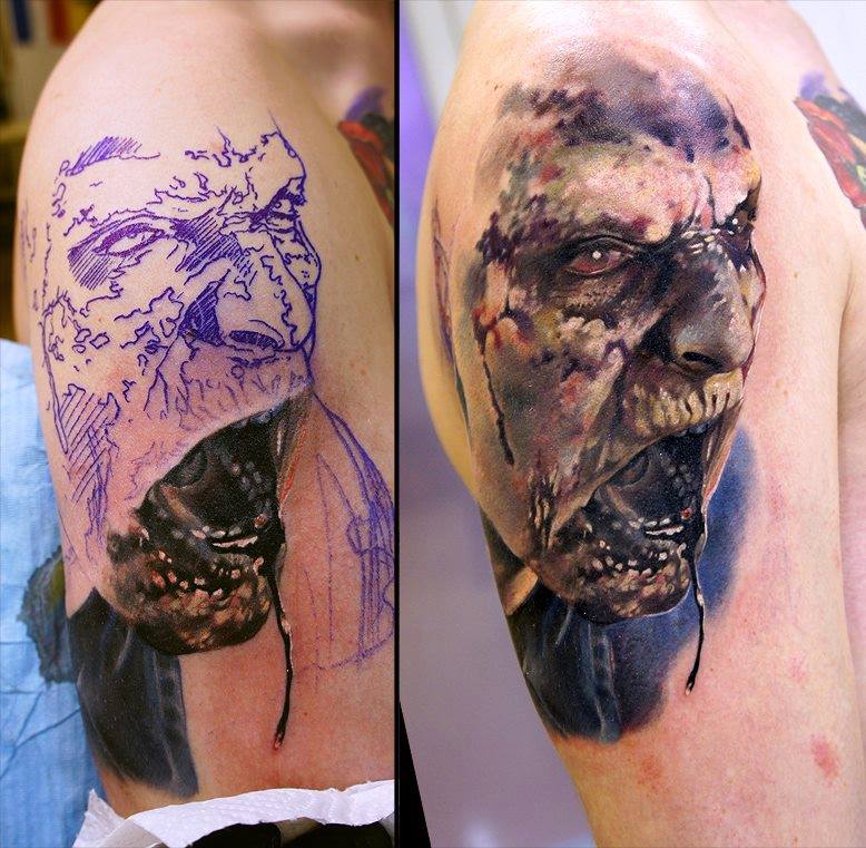 Tattoo Artist Andrey Barkov Grimmy3D has started a new zombie sleeve! Can't wait to see the finished result!
