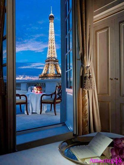 Gorgeous view of the Eiffel tower from the terrace of the Shangri-La Hotel, Paris